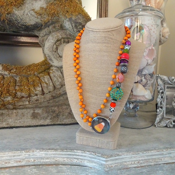 Orange Beaded Halloween Witchy Candy Corn Pumpkin Charm Long Layering Necklace - Picture 2 of 8